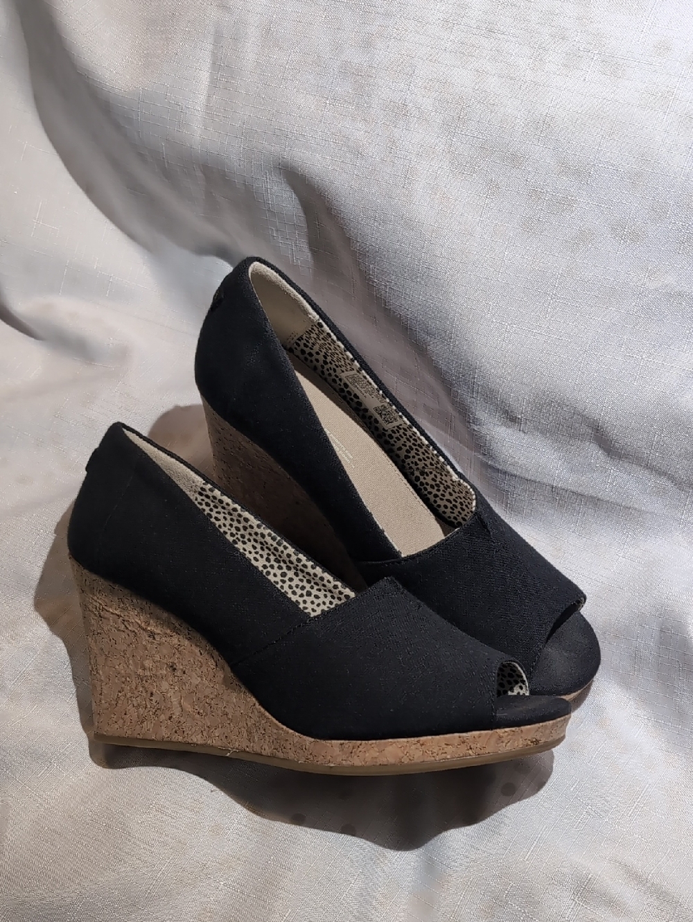 Toms Black Peep-Toe Cork Wedge Heels